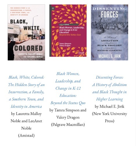 Book covers including Black, White, Colored; Black Women, Leadership, and Change; and Dissenting Forces