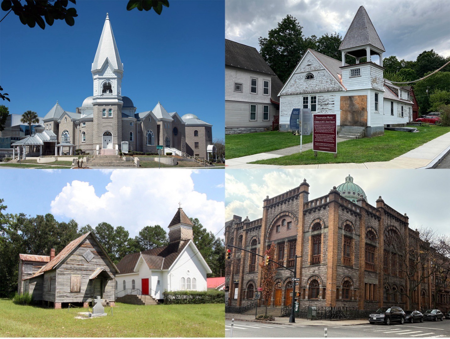 Collage of four historically Black churches receiving preservation grant support