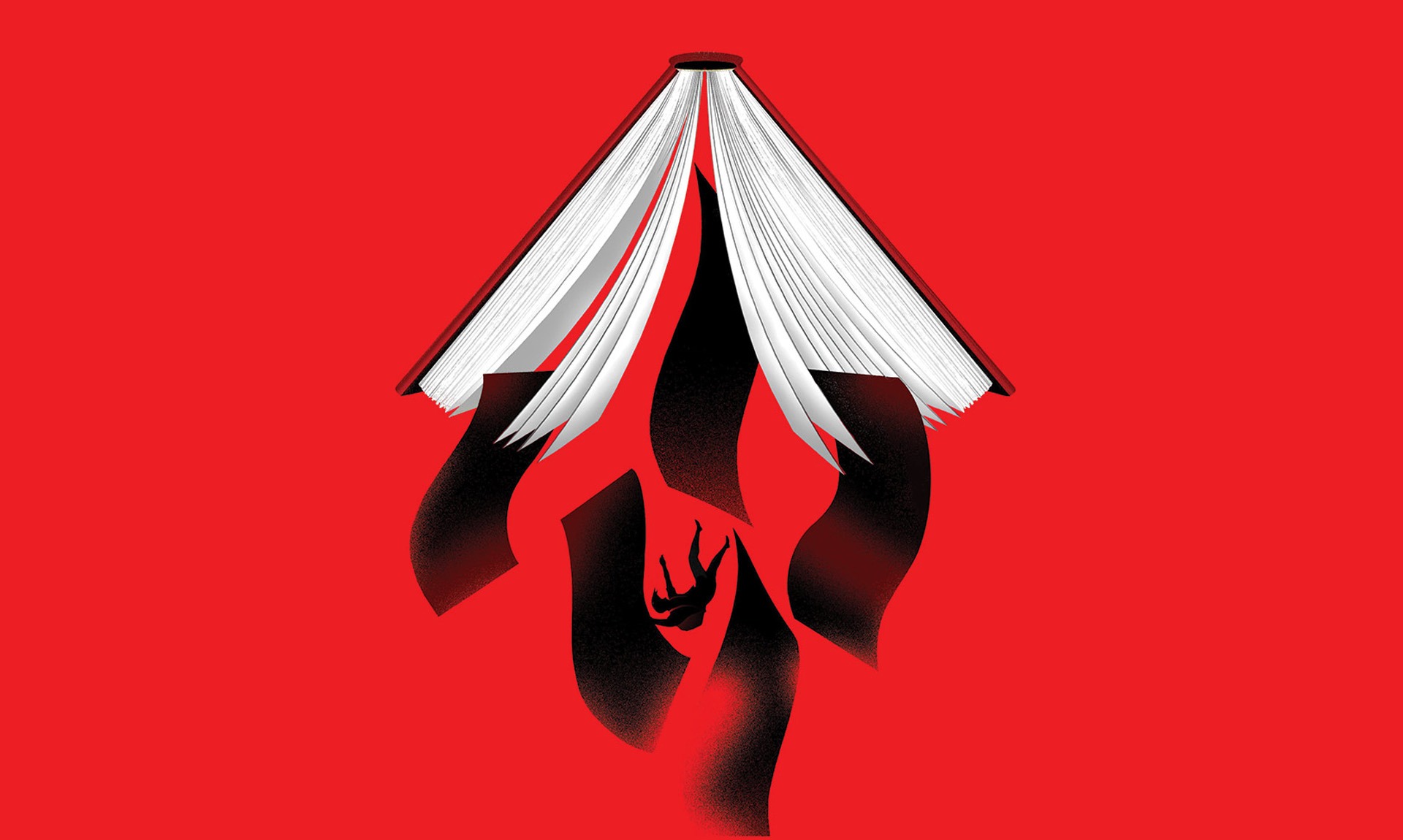 Illustration of a book and falling figure symbolizing the dismantling of Black Studies, academic freedom, and democracy.