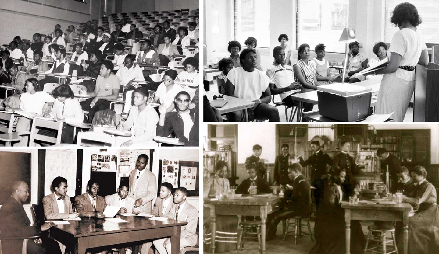 Historic images of Black students and educators in classrooms at historically Black colleges and universities.
