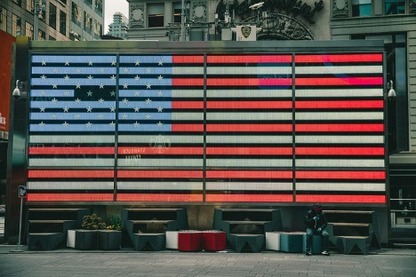 American flag installation illustrating themes of democracy, faith and politics